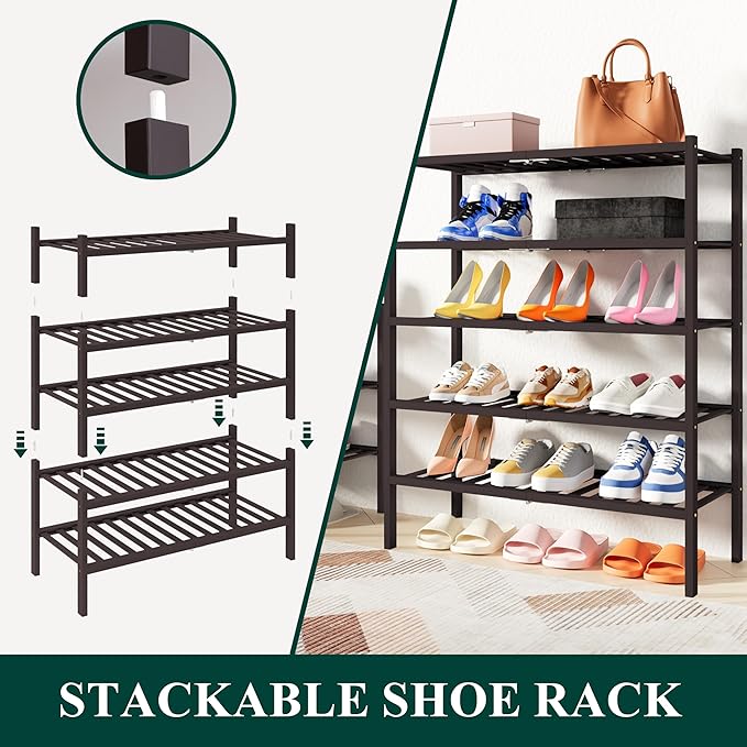 Smiry Shoe Rack, 6 Tier Thick Bamboo Shoe Organizer, Stackable Free Standing - Image 4