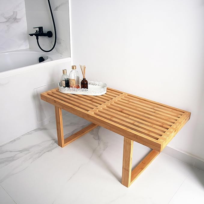 Bamboo Nelson Slat Wooden Bench, Small Wood Benches - Image 6