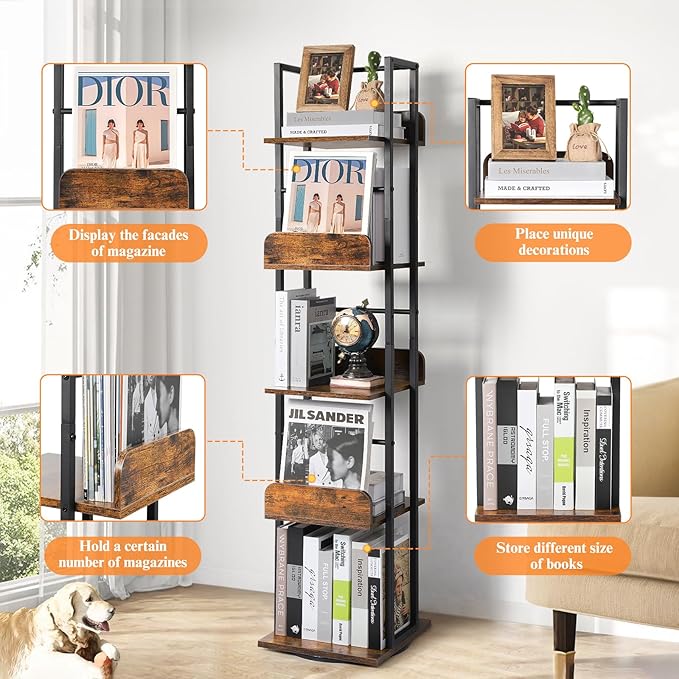 Bikoney Rotating Bookshelf, 360 Display Spinning Bookshelf Tower, 5-Tier Narrow - Image 5