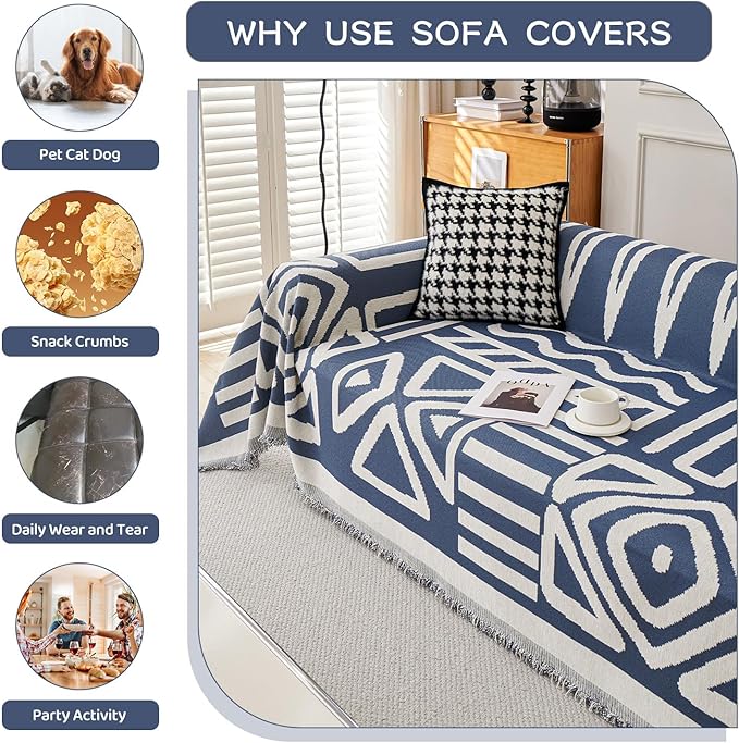 STACYPIK Boho Chenille Blue Sofa Cover L Shaped Couch Cover Reversible Couch - Image 4