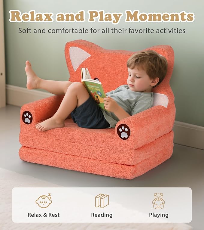 Kids Couch, 2-in-1 Soft Toddler Couch Fold Out - Image 4