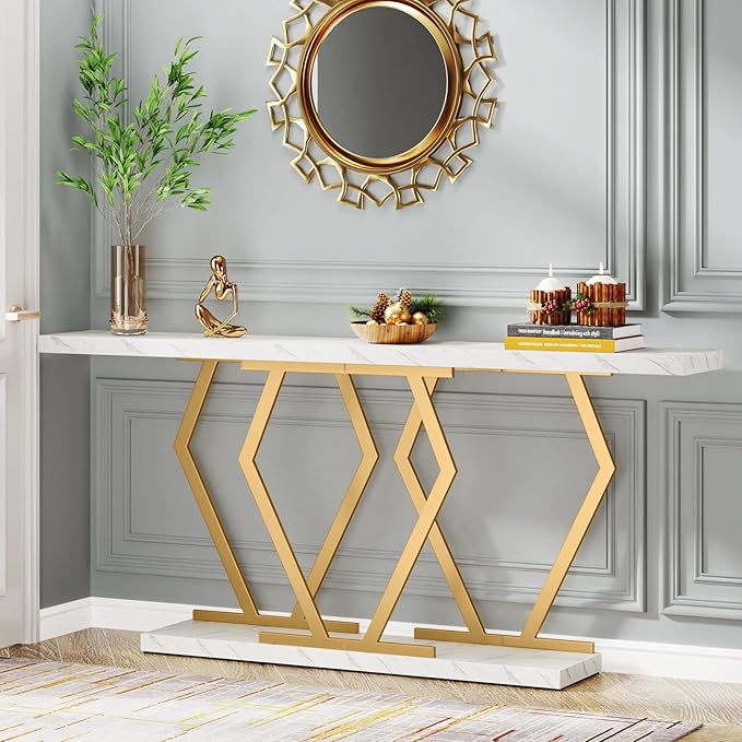 Tribesigns 70.9 Inch Extra Long Sofa Table， White and Gold Console Table by Tribesigns
