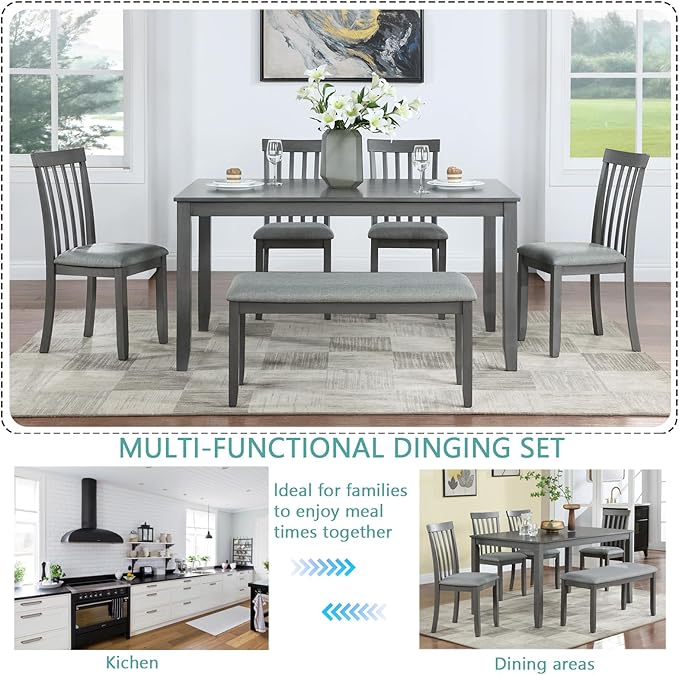 soges 6 Piece Kitchen Dining Table Set, Rectangular Wooden Dining Table - Image 4