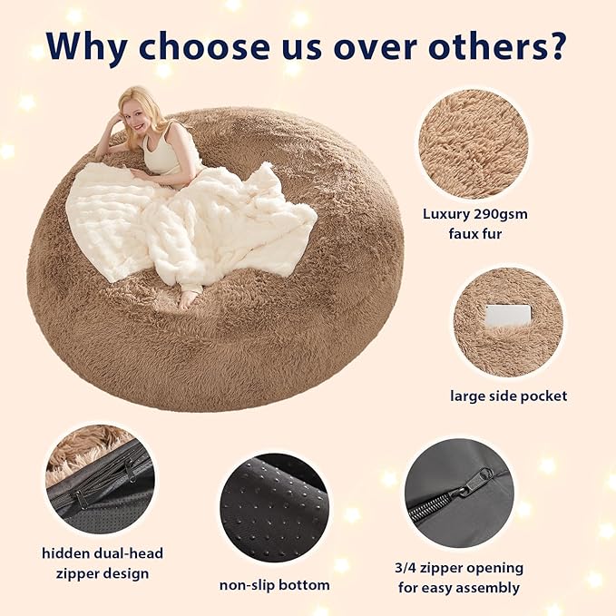 Fluffy Bean Bag for Stuffed Animals Storage, Faux Fur Washable Bean Bag Chair - Image 4