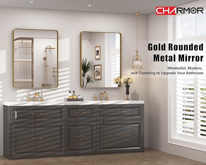 28x32 Gold Bathroom Mirror, Rounded Rectangle Gold Frame Mirror, Brushed Gold - Image 6