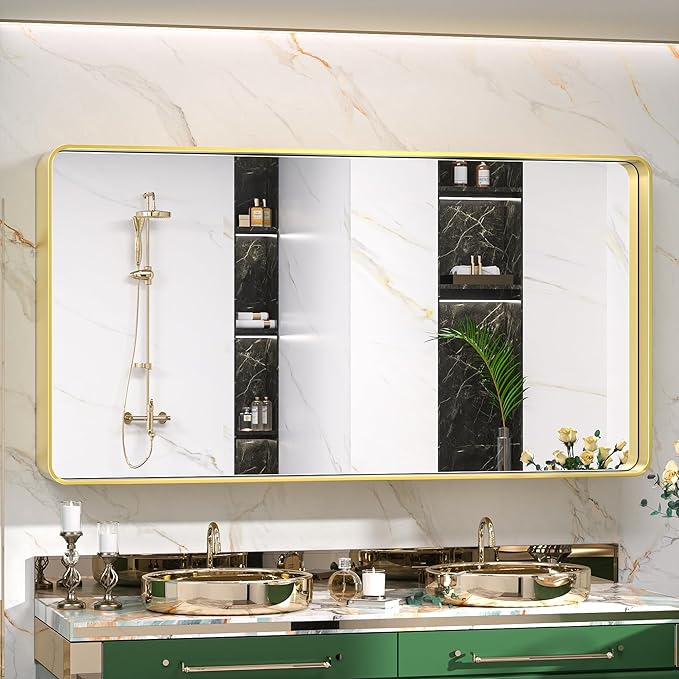 TokeShimi Bathroom Vanity Mirror 48 x 24 Inch Gold Metal Frame Round Corner by RefinedBathroomAccessories