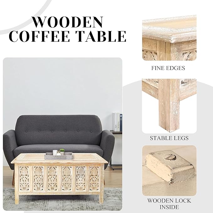 The Wooden Town Rectangular Coffee Table – 36x18 Inch White Wash Finish | - Image 4