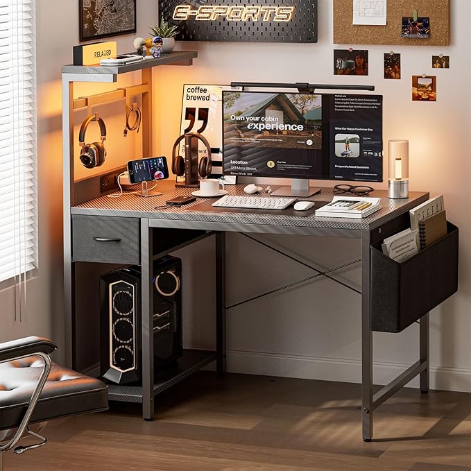 Gaming Desk 47 Inch with Power Outlet and LED Light, Computer Desk with - Image 2