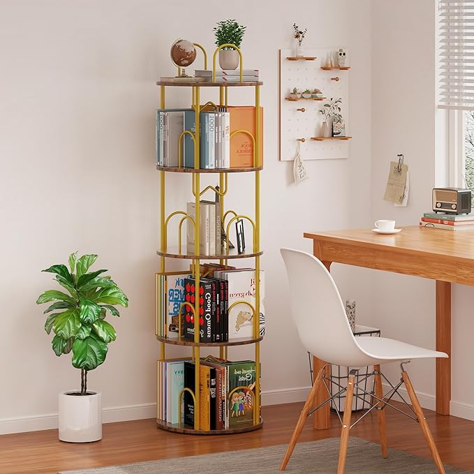 4 Tier Rotating Bookshelf, 360° Spinning Bookshelf Tower, Round Narrow Space - Image 2