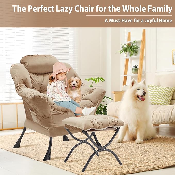 Lazy Chair with Folding Ottoman, Accent Chair Velvet Upholstered with Metal - Image 4