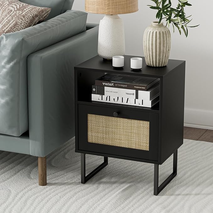 Masupu Rattan Nightstand, Boho Night Stand Modern Farmhouse Wood Bedside Table - Image 5