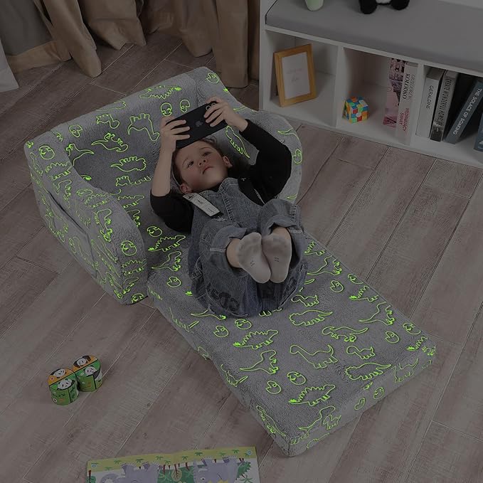Dinosaur Glow in The Dark Toddler Couch, 2-in-1 Toddler Soft Couch Fold Out - Image 3