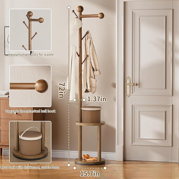 Solid Wood Rotary Coat Rack, Freestanding 360° Swivel Coat Rack - Image 6