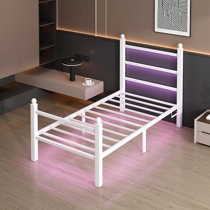 Twin Bed Frame with Headboard and Footboard, Steel Slats Support-LED Bed Frame - Image 3