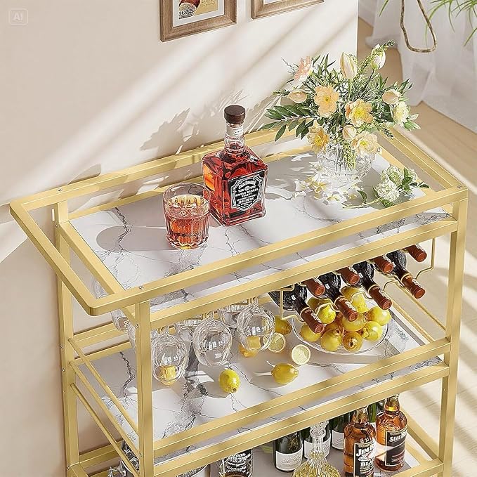Leteuke Bar Cart for Home, 3 Tier Gold Serving Rolling Carts - Image 5