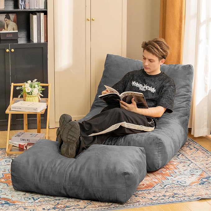 Bean Bag Chair with Ottoman, Comfy Bean Bag Sofa with Memory Foam, Lazy BeanBag - Image 3