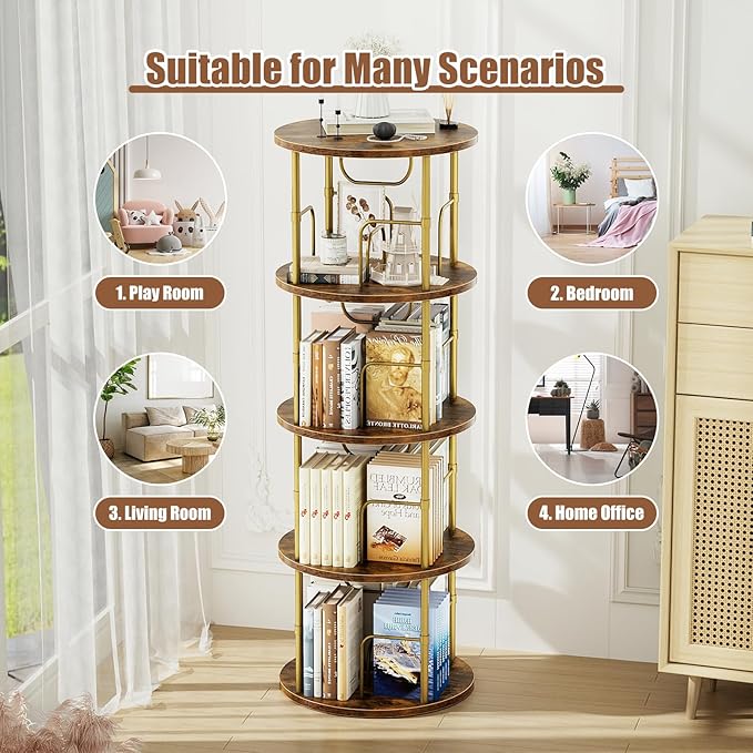 Rotating Bookshelf, 4 Tier Spinning Bookshelf Tower, 360° Display Unique Round - Image 7