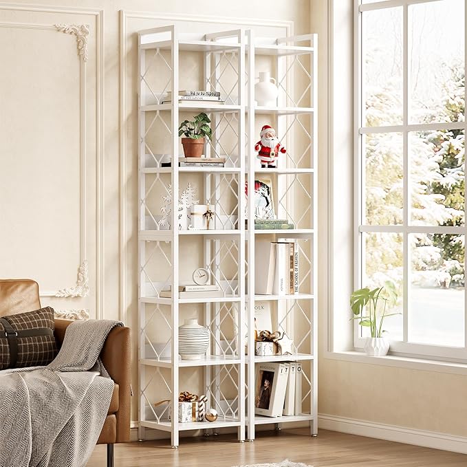 LITTLE TREE Book Shelf Set of 2, 7-Tier Tall Bookcase, Wooden Display Shelves - Image 6