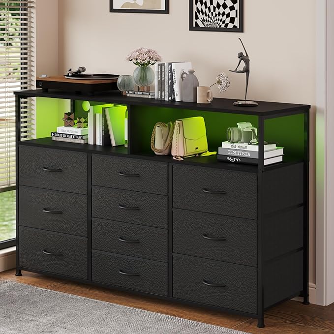 55W 10-Drawers Dresser with 2 Open Storage Shelves, TV Stand Dresser - Image 4