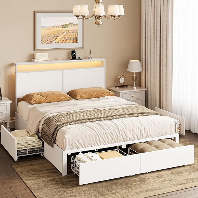 Queen Bed Frame with 4 Storage Drawers Bed Frame Queen Size with Headboard LED by HAUSOURCE