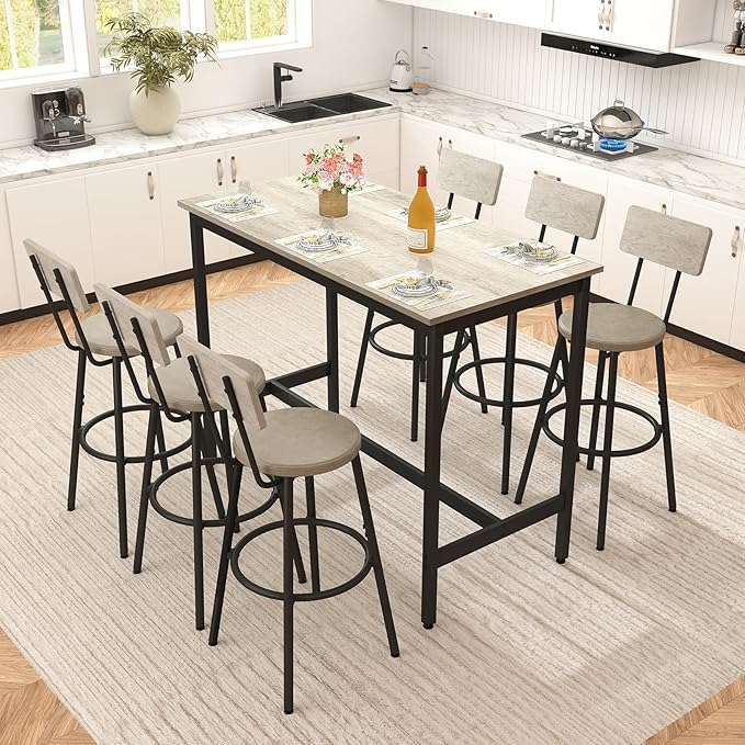 Rovibek Dining Table Set for 6, Bar Table and Chairs Set, Modern 6 Piece High - Image 7
