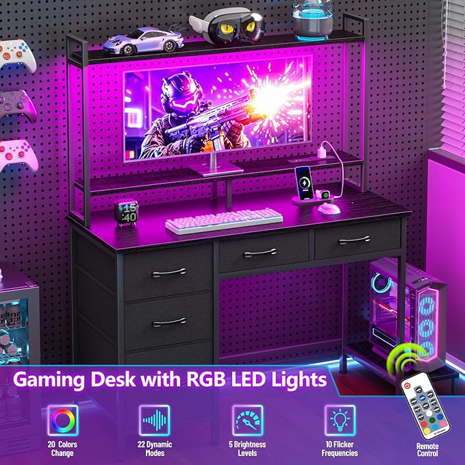 Computer Gaming Desk with Hutch, Home Office Desk with Power Outlets, LED Light - Image 6