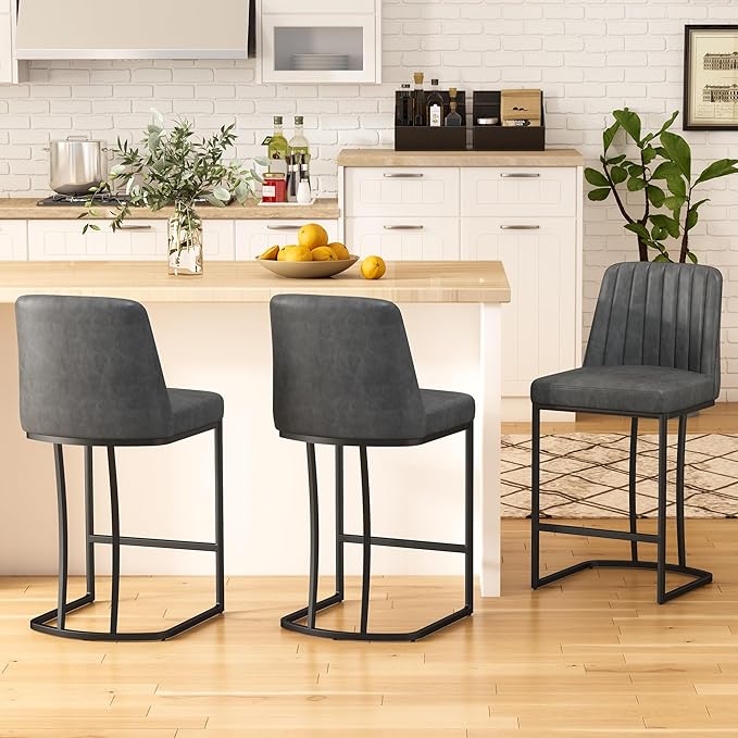 Counter Height Bar Stools Set of 2, Upholstered Leather Barrel Barstools - Image 9