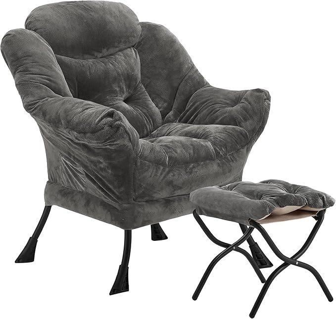 Lazy Chair with Folding Ottoman, Accent Chair Plush Upholstered with Metal by Youtanic