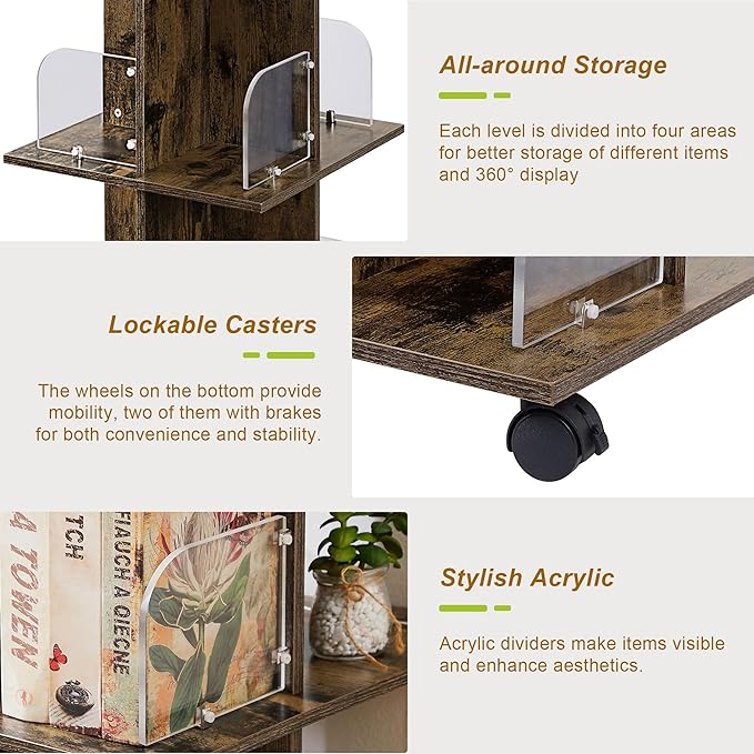 VECELO Rotating Bookshelf with Brake Wheels, 360°Display 4 Tier Floor Stackable - Image 9
