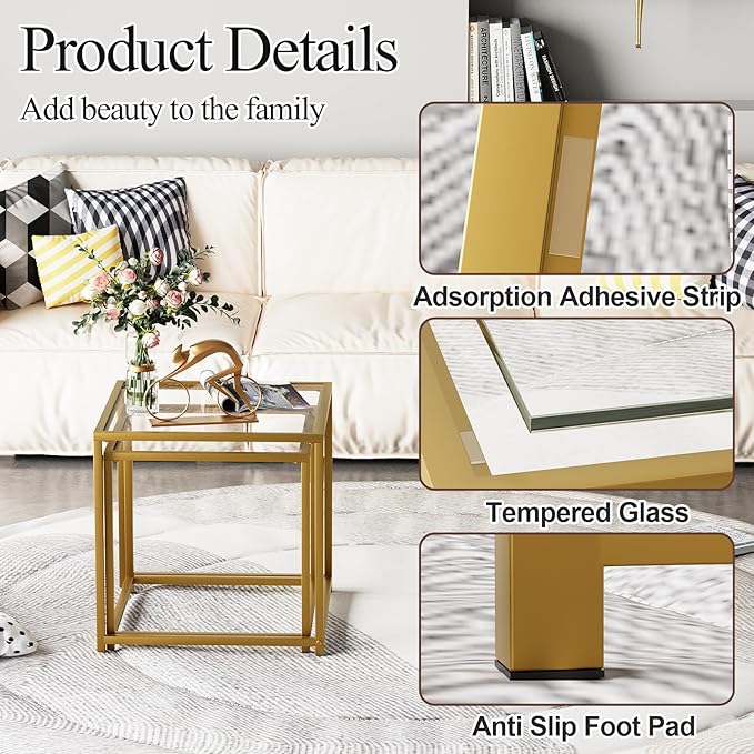 Garden 4 you Coffee Table Set of 2, Modern Glass Nesting Table, Metal Frame - Image 6