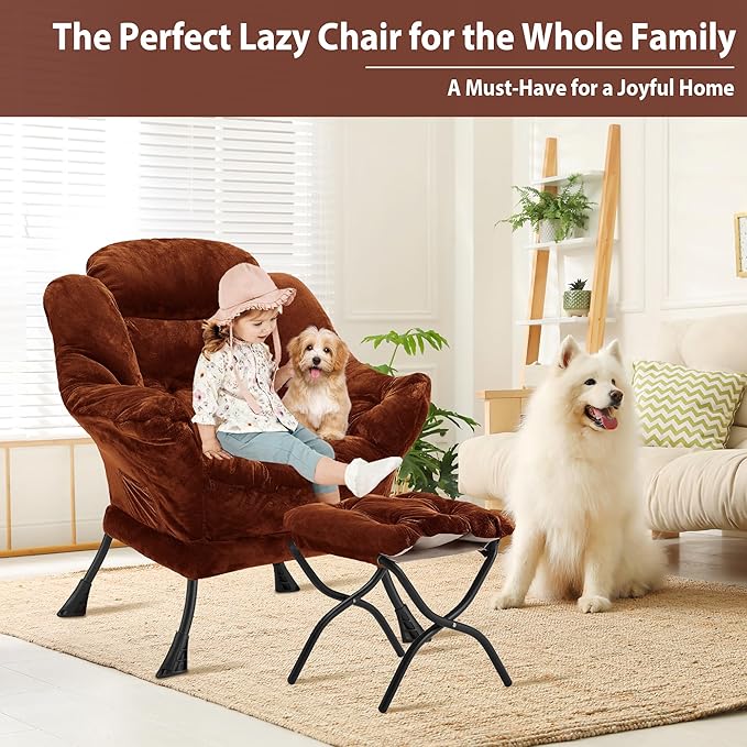 Lazy Chair with Folding Ottoman, Accent Chair Plush Upholstered with Metal - Image 4