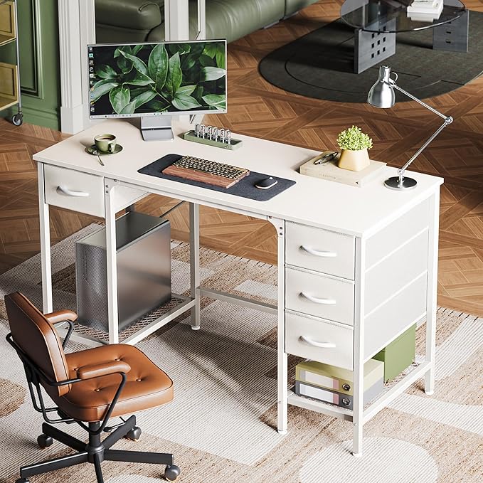 Huuger 47 Inch White Desk with 4 Drawers, Vanity Desk with Mesh Shelf, Study - Image 9