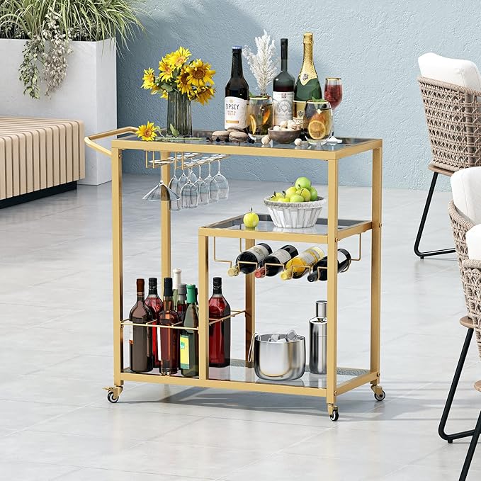 Rolling Bar Carts Gold with Wheels, Home Bar Serving Cart with Glass Wine - Image 2