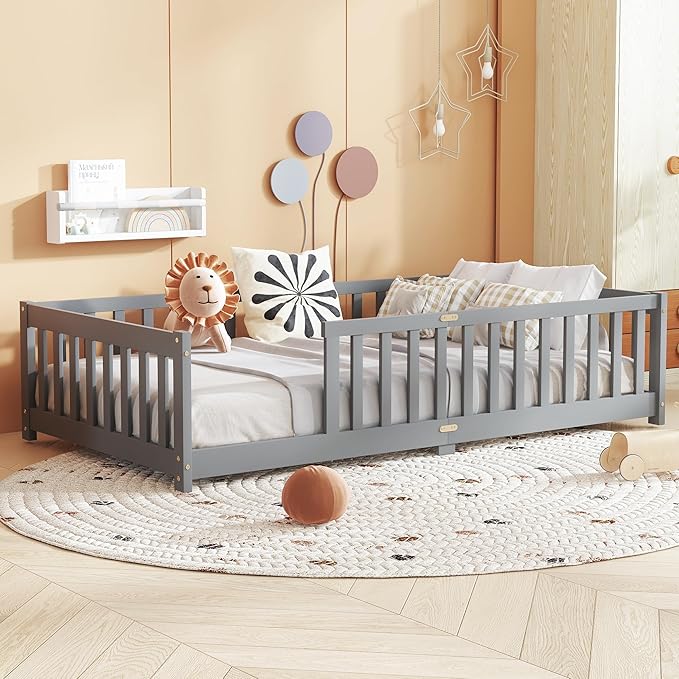 Bellemave Twin Floor Bed with Slats and Safety Guardrails, Kids Montessori - Image 4