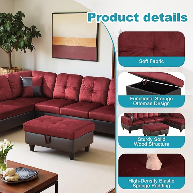 L Shaped Couch Modern Sectional Couch Upholstered Flannel Fabric 3 Pieces Sofas - Image 5