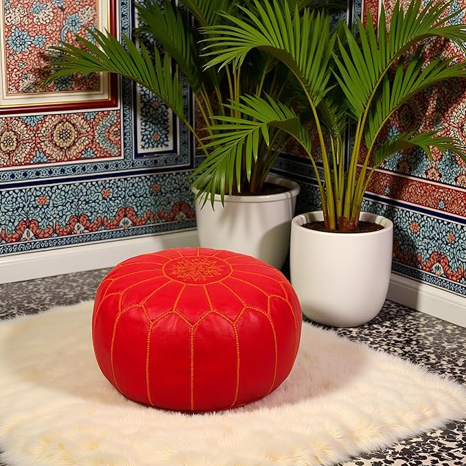 Stuffed Round Design Moroccan Leather Pouf Ottoman, Pre-Filled, 100% Genuine - Image 2