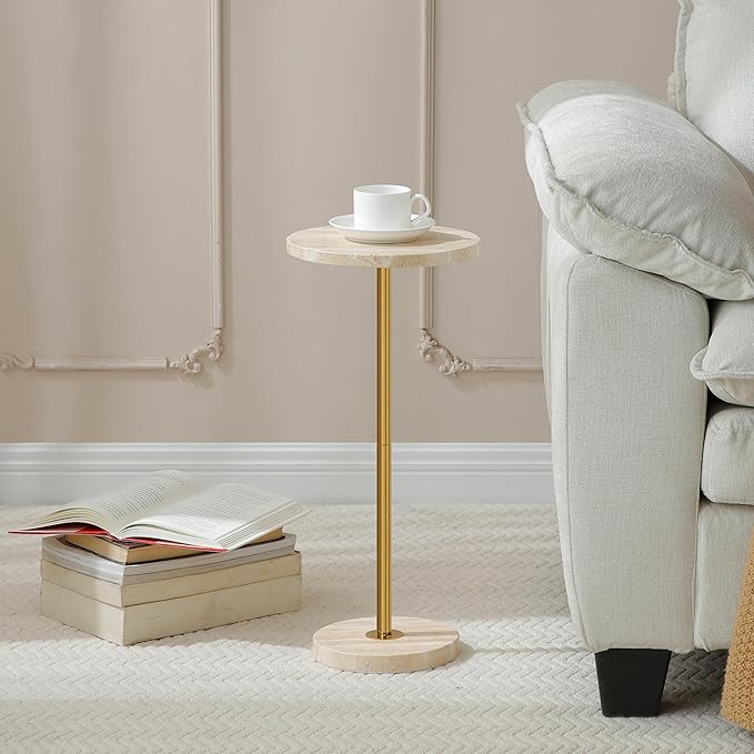 Φ9.8-inch Marble Round Drink Table, Stone Finish Pedestal End Table - Image 5