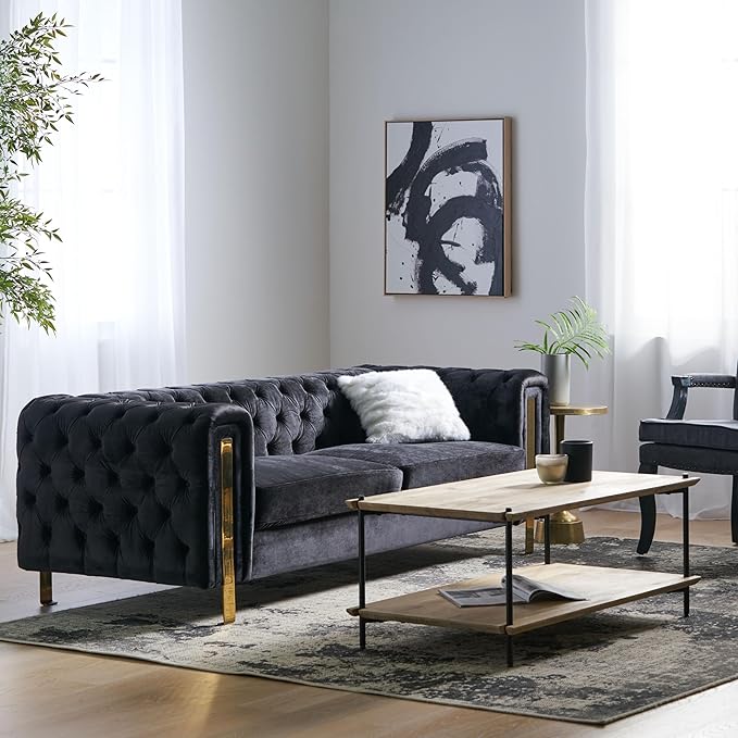 Merax Comfy 3-seat Sofa with Tufted Back and Arm and Gold Iron Legs, Modern - Image 3