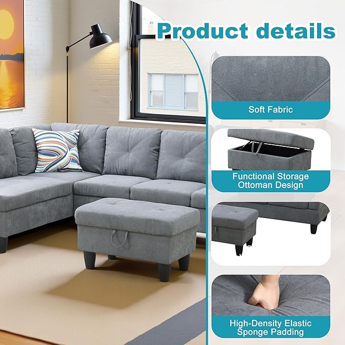 L Shaped Couch Modern Sectional Couch Upholstered Flannelette Fabric 3 Pieces - Image 5
