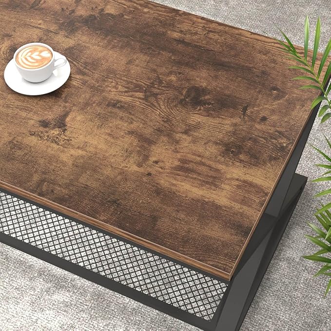 LVB Rustic Coffee Table with Storage, Industrial Wood Metal 2 Tier Center - Image 4