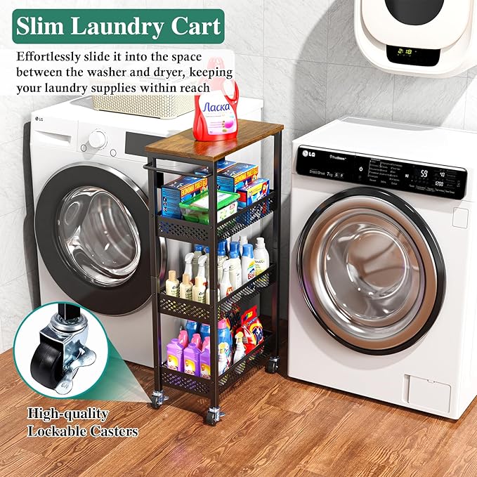 Utility Slim Storage Cart, 4-Tier Narrow Bathroom Organizer and Storage Cart - Image 4