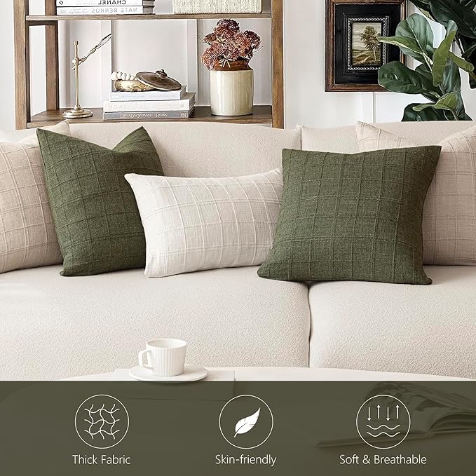 Foindtower Set of 2 Decorative Linen Check Throw Pillow Covers Neutral - Image 7