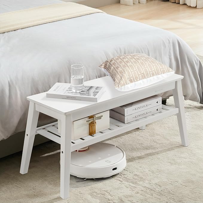 Nnewvante 33.46" Bamboo Dining Bench, 2 Tier Indoor White Storage Bench - Image 5