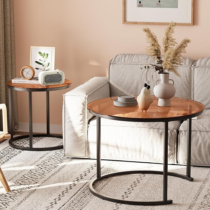 aboxoo Nesting Coffee Table Set of 2, Small Round Glass Nesting Tables - Image 4