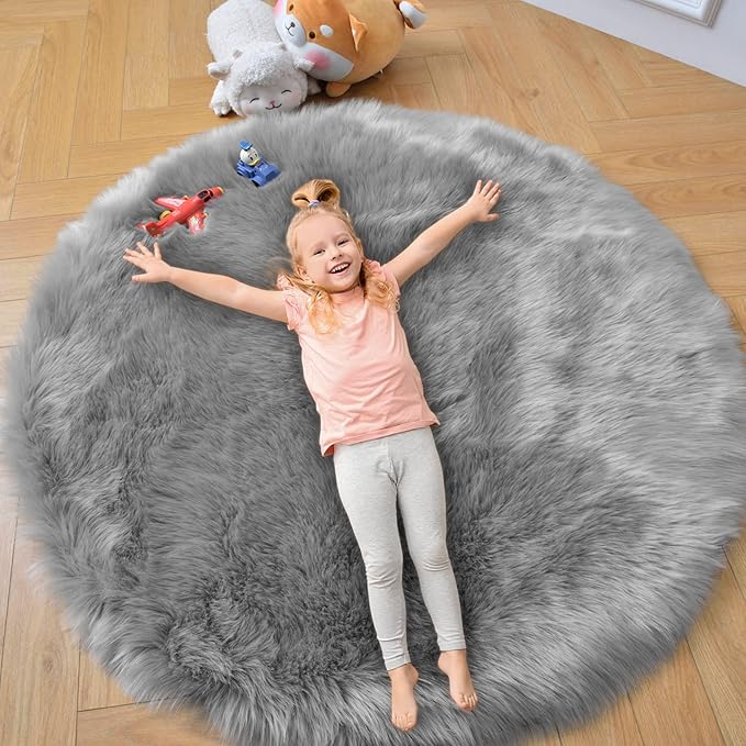 duduta Grey Faux Sheepskin Round Rug 4x4 ft, Fluffy Shag Fur Bedroom Nursery - Image 7