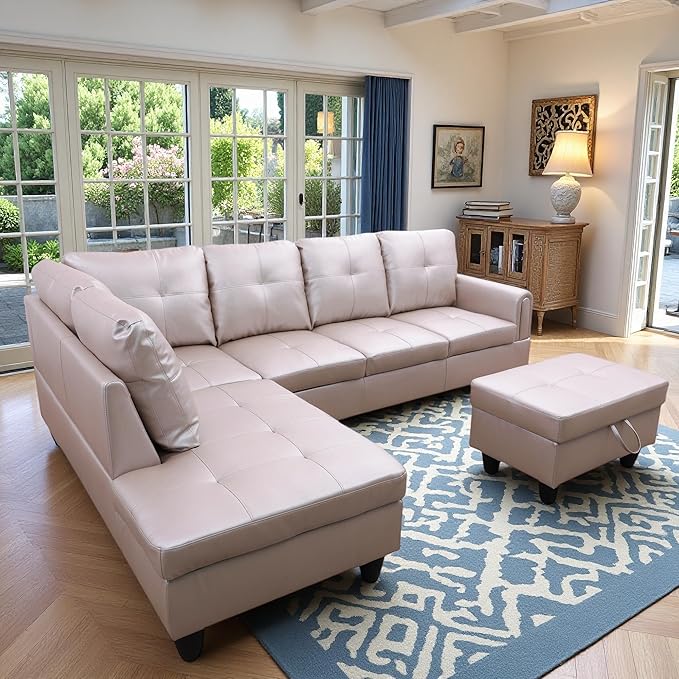 L-Shaped Sectional Sofa with Ottoman, Right-Facing Leather Modern Couch with - Image 3