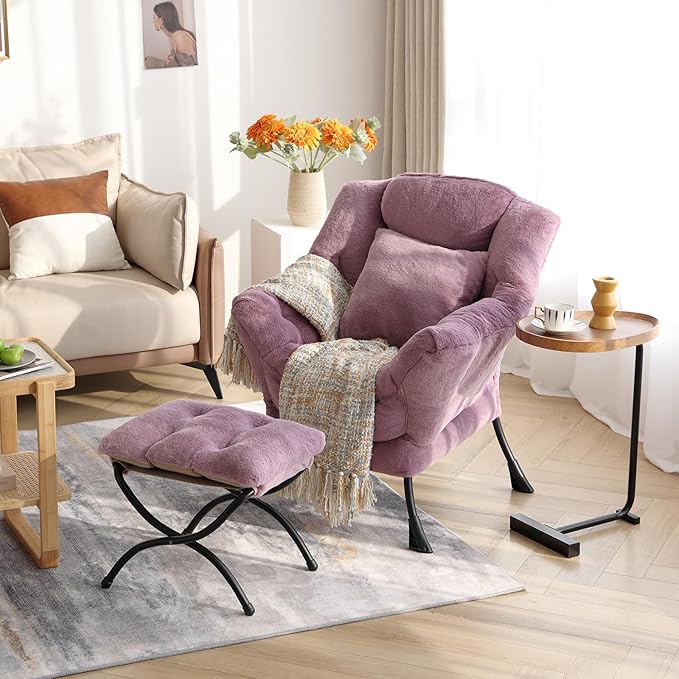 Lazy Chair with Ottoman, Comfy Reading Lounge Chair with Footstool & Throw - Image 2