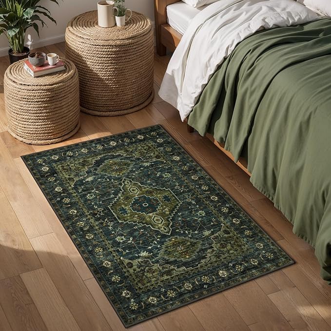 Tangsoo Washable Entryway Rugs Vintage Olive Green Rug 2x3 Non Slip Small Area - Image 7