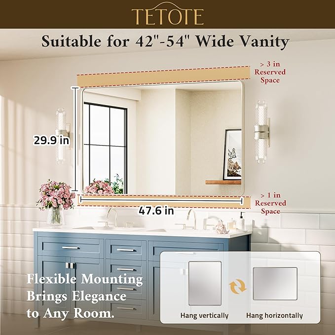 TETOTE Brushed Nickel Mirror 48 x 30 Brushed Nickel Metal Framed Bathroom Mirror - Image 7
