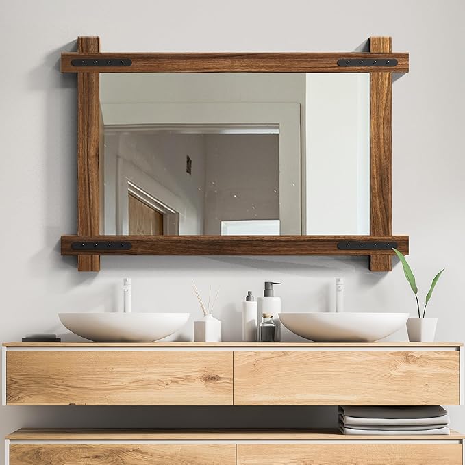 YOSHOOT Farmhouse Wood Bathroom Mirror, Round Corner Vanity Mirror - Image 4